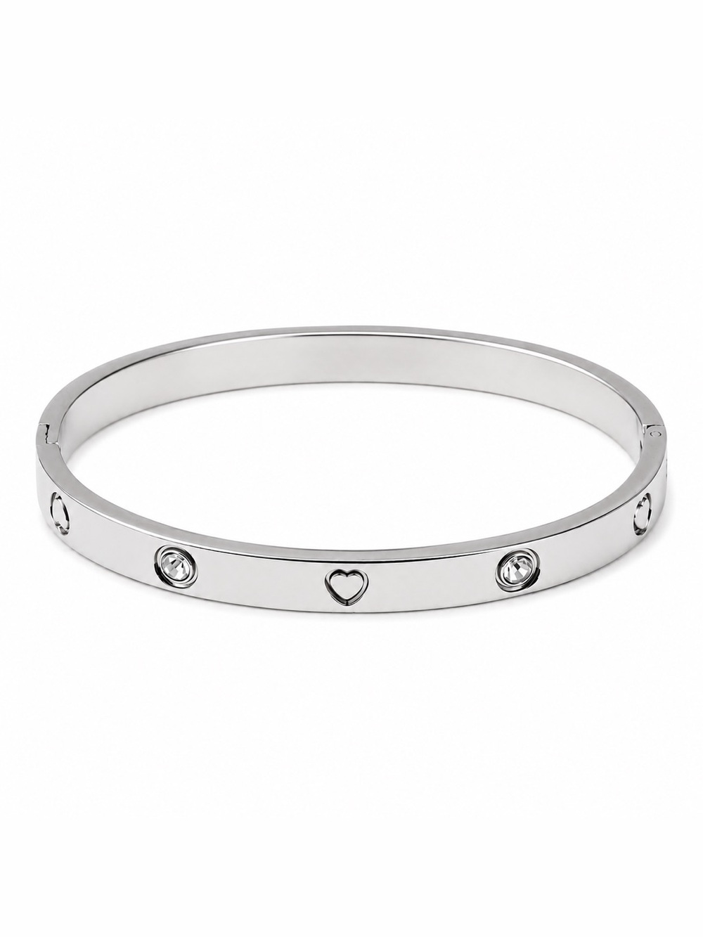 316 Stainless Steel Silver Heart Bangle Bracelet | Crystal Accent Cuff